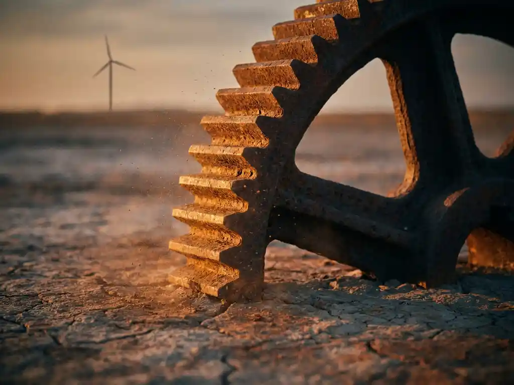 Rusted iron gear half-buried in cracked dry earth, warm amber sunlight catching iron dust, wind turbine visible in the hazy background.