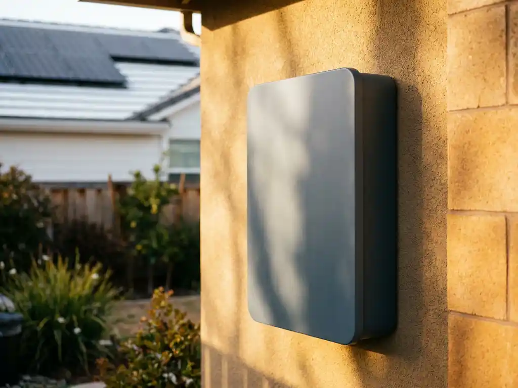Wall-mounted home solar battery beside a sunlit residential exterior with rooftop solar panels visible in the background.