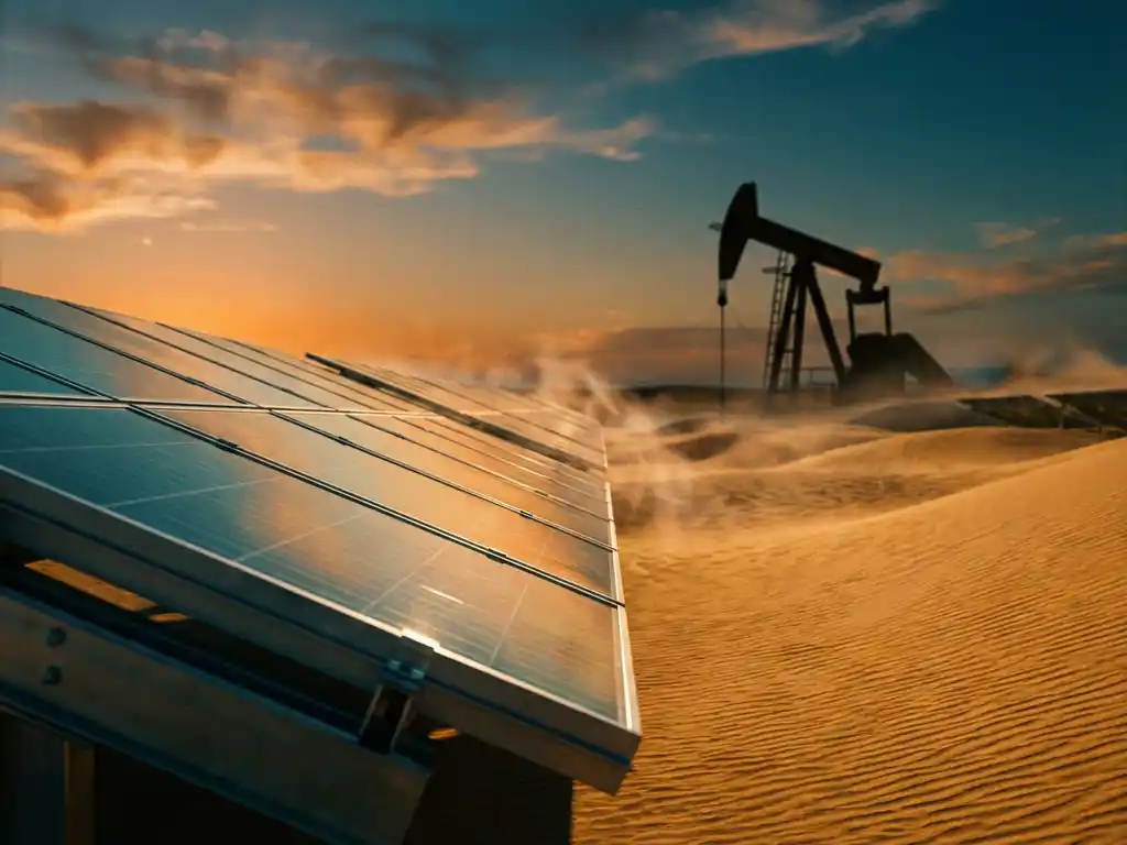 Solar farm spanning desert dunes at dusk, with a lone oil derrick silhouetted in the distance, symbolizing the shift from fossil fuels to clean energy.