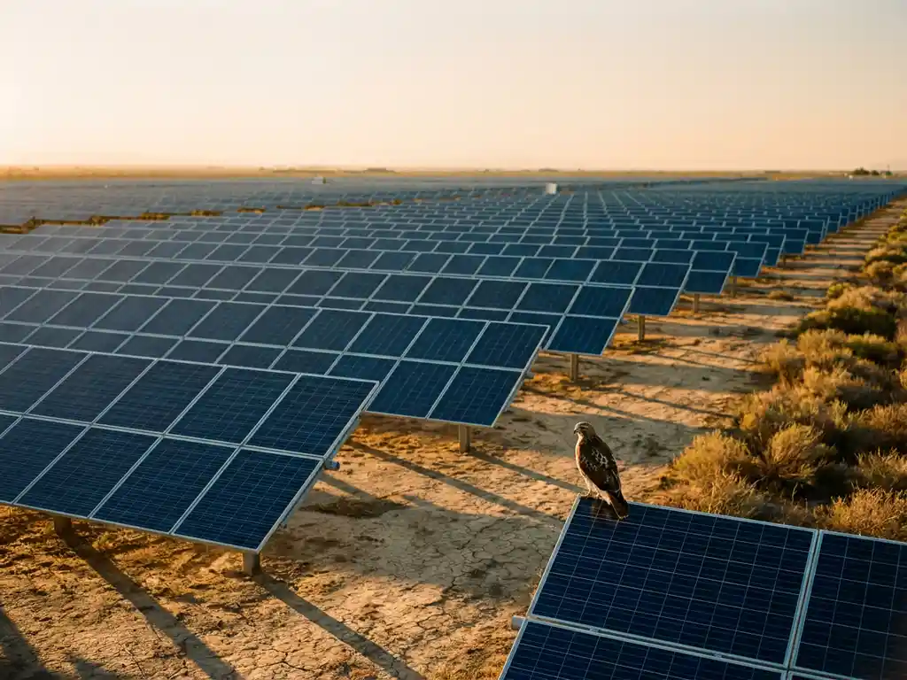 Hawk perched on a solar panel edge at a vast photovoltaic farm, golden-hour light raking across dry scrubland between rows.