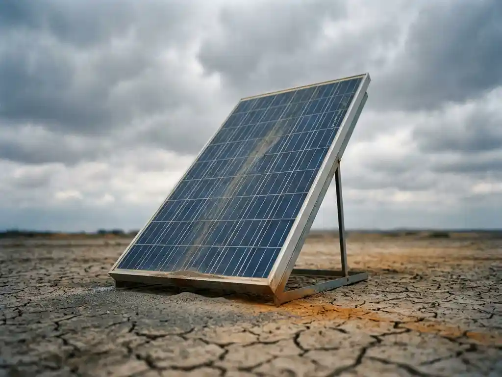 Solar panel standing on cracked dry earth beneath an overcast sky, with industrial dust settled around its base and dramatic diffused light.