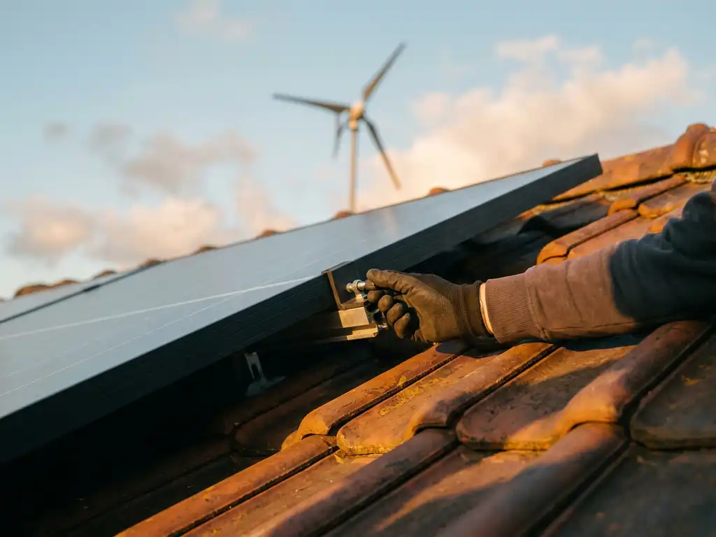 Gloved hand adjusting a solar panel on a Dutch residential rooftop, warm afternoon light over terracotta tiles, wind turbine softly blurred in background.