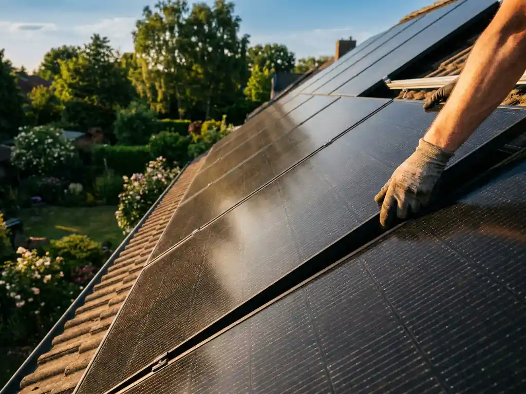 Homeowner installing the last solar panel on a sunlit rooftop, with a lush suburban garden visible below in warm afternoon light.