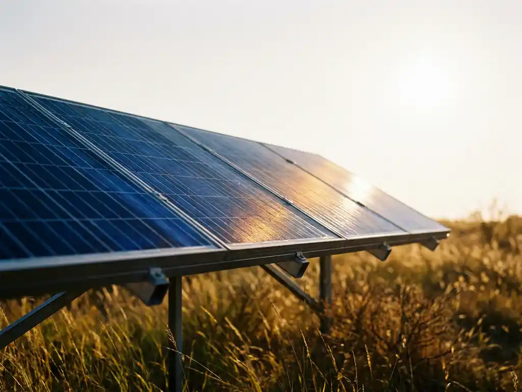 Solar panel angled toward midday sun in golden field, sunlight refracting across deep blue photovoltaic cells.