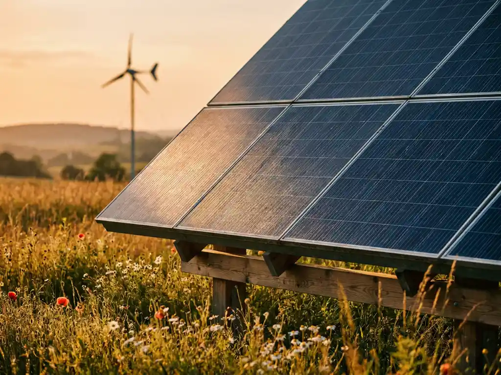 Solar panel in a sunlit field at golden hour, with a wind turbine in the background and wildflowers at its base.