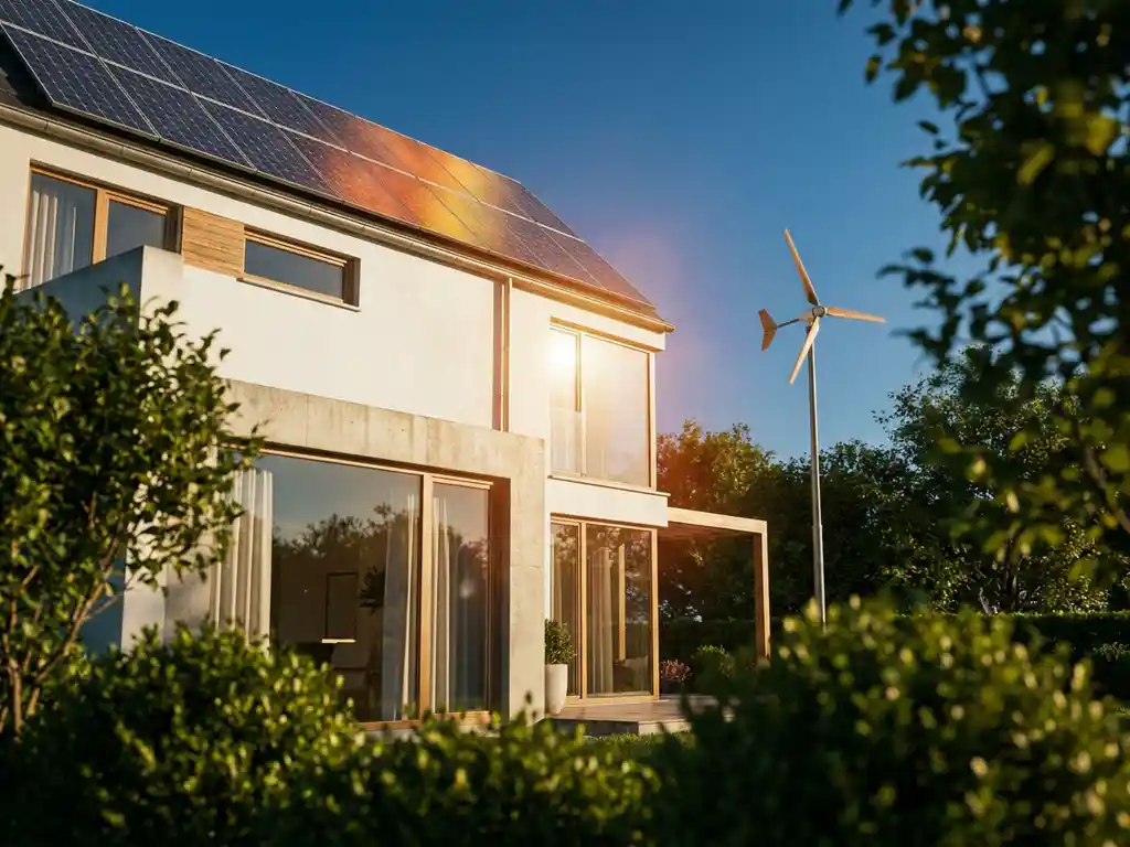 Modern white home with rooftop solar panels gleaming in golden afternoon light, small wind turbine in lush green garden background.