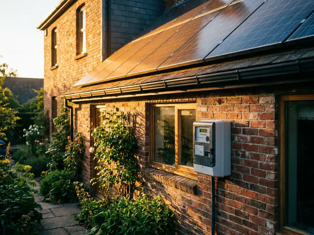 Residential rooftop solar panels glowing in warm afternoon sunlight, with a smart electricity meter mounted on an exterior brick wall nearby.