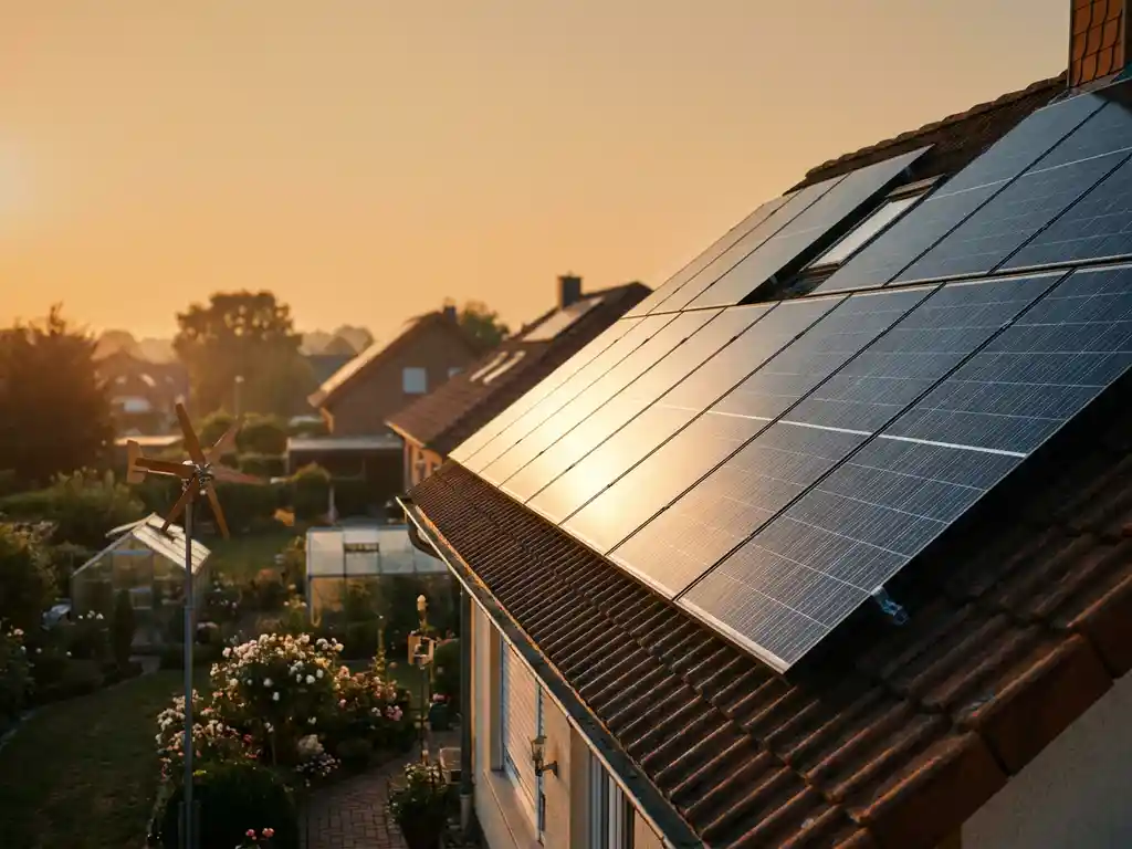 Solar panels on a sunlit suburban rooftop with a small wind turbine and tidy garden below, bathed in warm afternoon light.