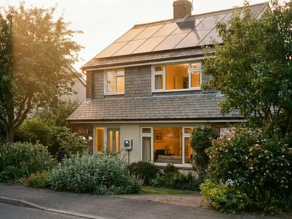 Solar panels on a suburban home rooftop at golden hour, with warm interior lights, an energy meter by the front door, and a lush green garden.