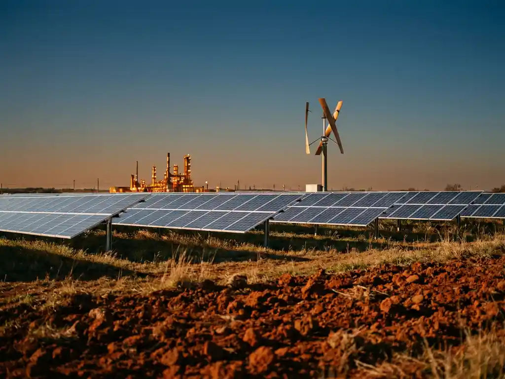 Solar panel array and wind turbine on iron-red farmland at golden hour, with an industrial facility glowing in the background.