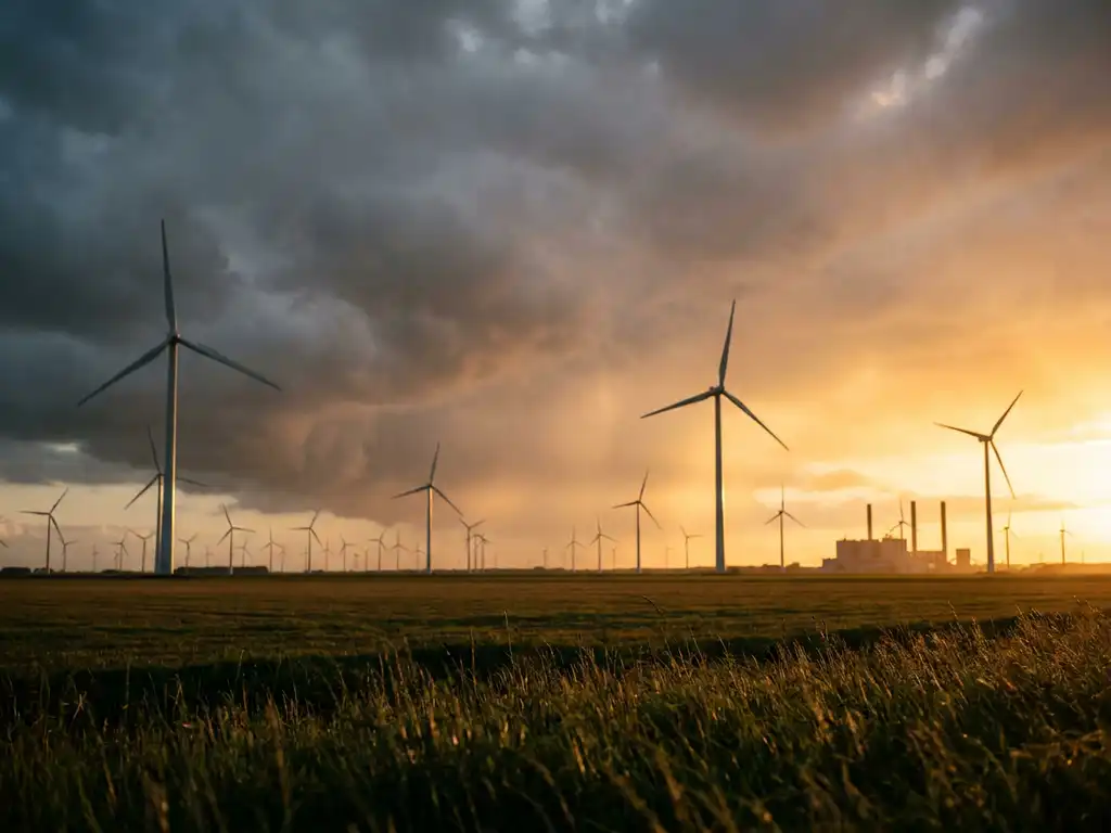 Wind farm across a flat Dutch polder at sunrise, turbines spinning under stormy grey and golden skies with an industrial facility silhouetted in the warm distance.