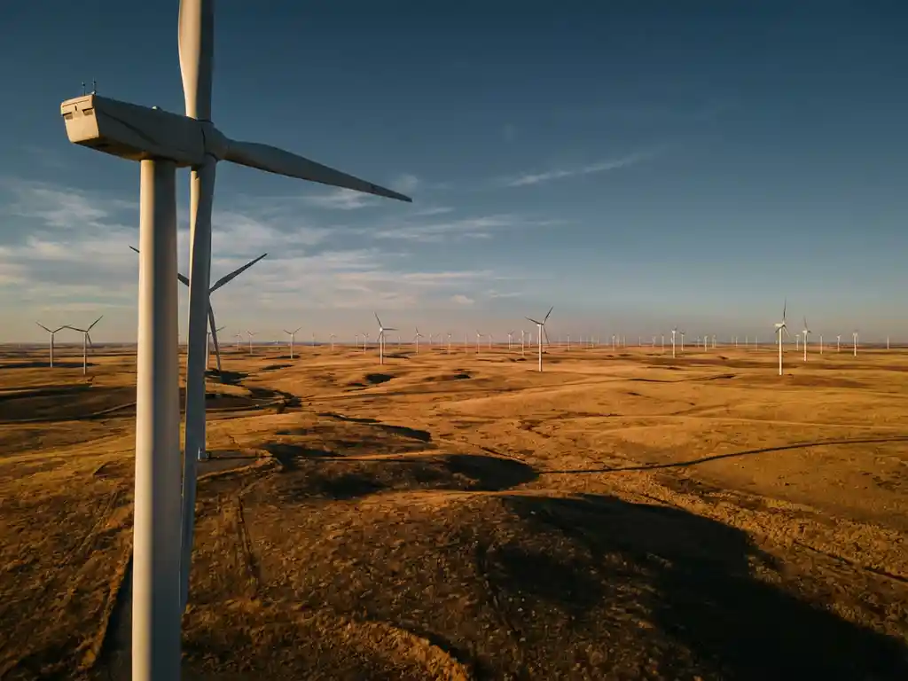 Wind turbines spanning golden American plains at golden hour, single turbine in sharp foreground detail under a vast blue sky.