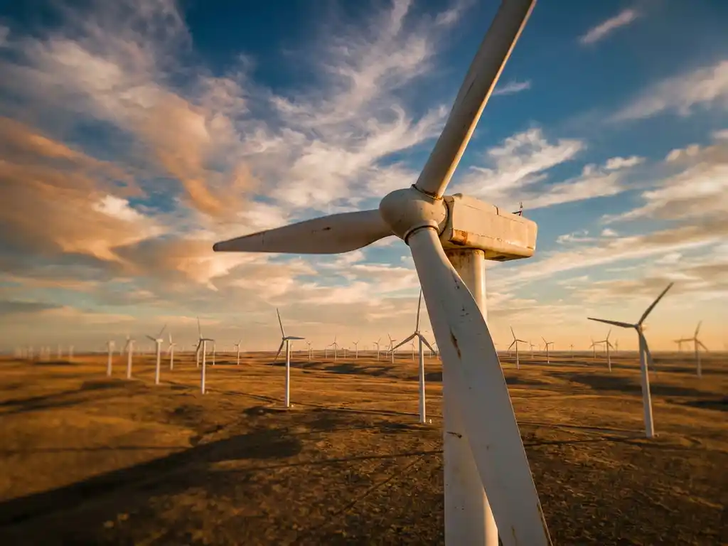 Wind farm on American plains with dozens of white turbines casting long shadows across golden dry grass under a dramatic blue sky.