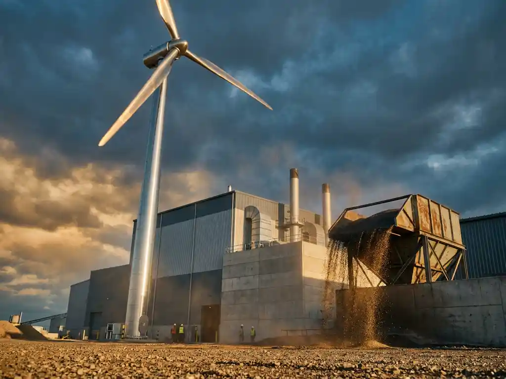 Wind turbine beside an industrial boiler facility with iron powder cascading in golden sunlight, shot from a low angle against a steel-blue sky.