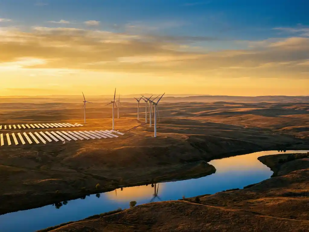 Wind turbine and solar panel array over golden-hour American landscape with river reflecting amber light and rolling green fields.