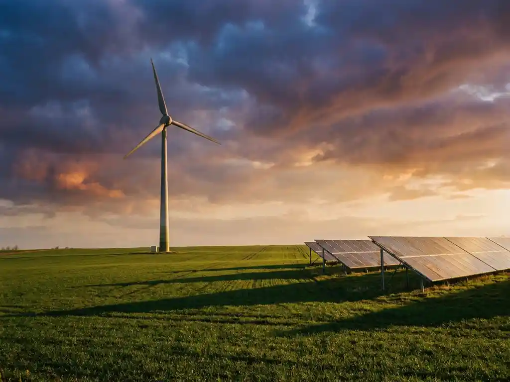 Wind turbine and solar panel array in a green field at golden hour, with dramatic clouds over a wide Dutch sky.