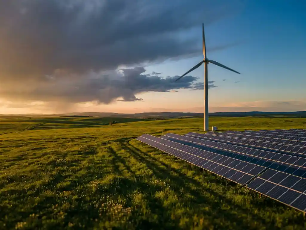 Wind turbine and solar panels at golden hour over green fields, with storm clouds breaking on the horizon revealing clear blue sky.