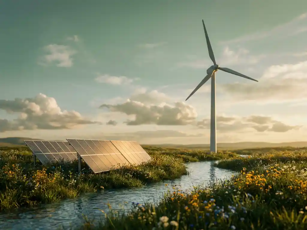 Wind turbine and solar panels in a green meadow beside a clear stream, wildflowers at their base, golden-hour light under a cloudy sky.