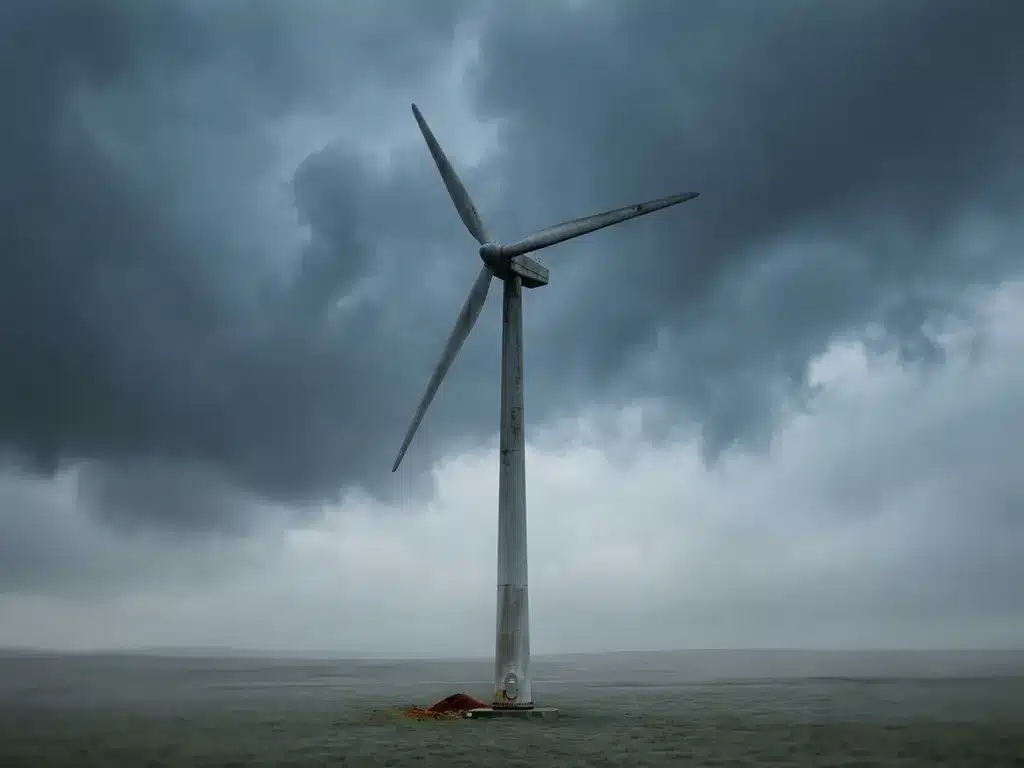 Wind turbine with motionless blades under dark storm clouds, rusted base visible, flat grey-green landscape stretching behind it.