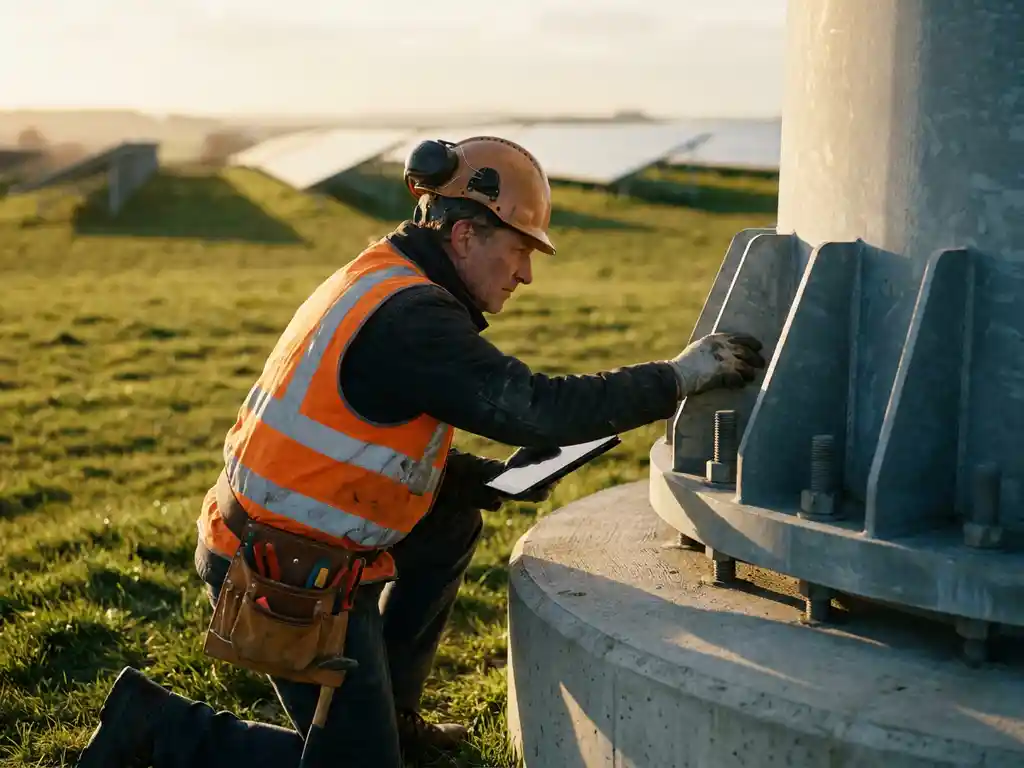 Wind turbine technician in high-visibility vest inspecting turbine base at golden hour, solar panels visible in green field background.