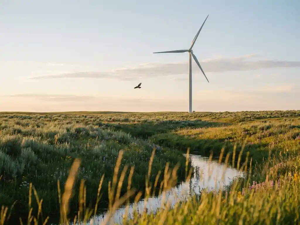Wind turbine rising from a wildflower meadow with a sunlit stream nearby and a bird in flight against a golden-hour sky.