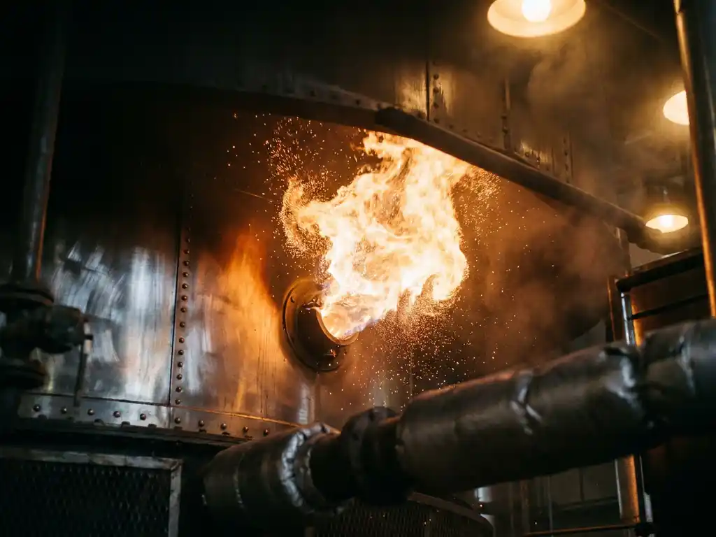 Iron powder combustion flame burning in an industrial boiler chamber, metallic particles igniting in amber and white heat against clean steel surfaces.