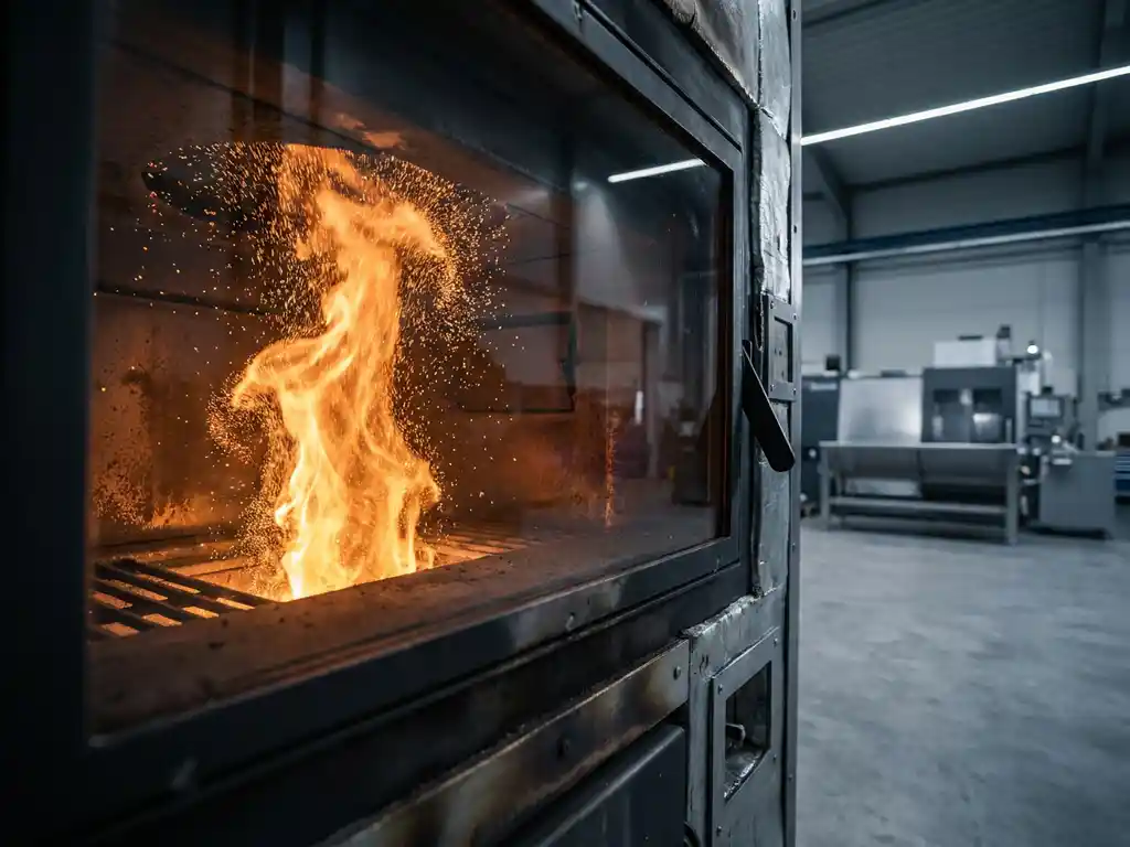 Iron powder combustion flame burning in an industrial boiler chamber, glowing amber and orange particles against charcoal steel surroundings.
