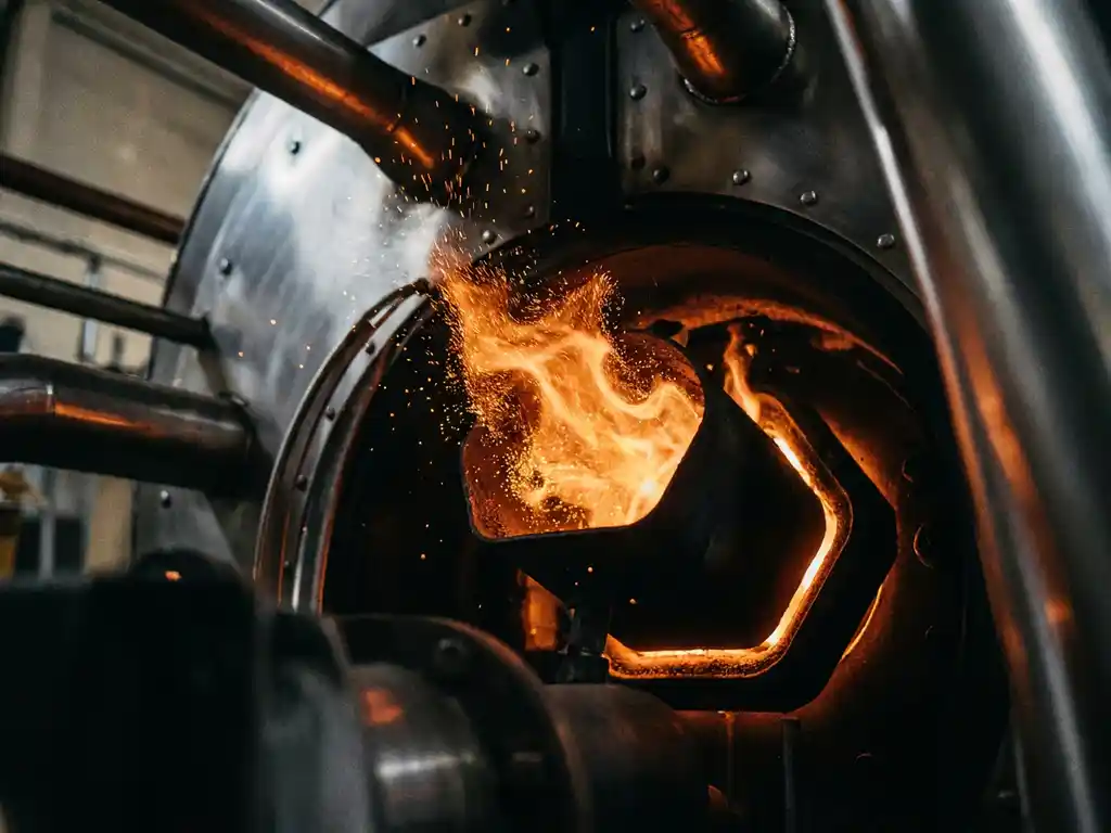 Iron powder combustion flame burning inside an industrial boiler chamber, metallic particles igniting in brilliant amber light against steel surfaces.