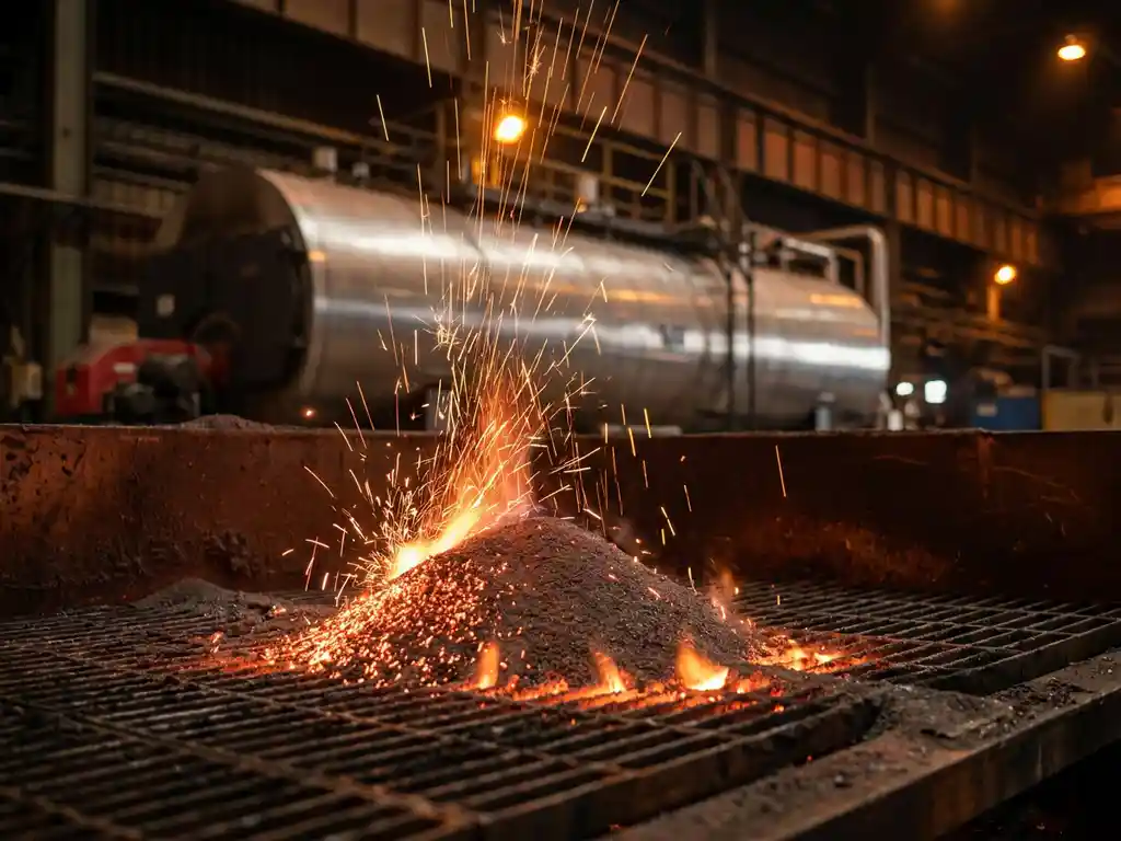 Iron powder combustion releasing bright orange sparks upward, with a modern boiler vessel softly visible in the background.