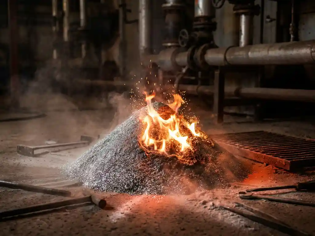 Burning iron powder mid-combustion emitting intense amber and white light, with iron oxide ash settling around the base in a dark boiler room.