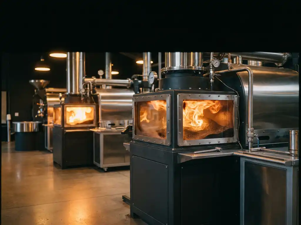 Industrial boiler system burning iron powder fuel, amber flames glowing inside steel chambers on a modern factory floor.