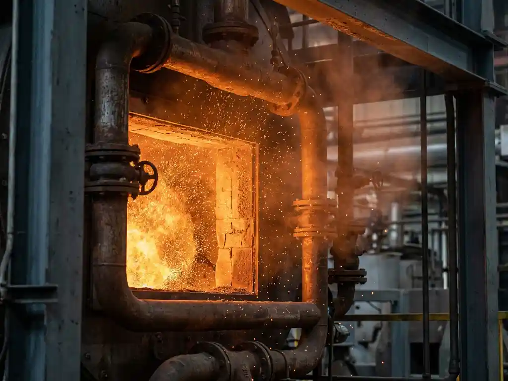 Iron powder burning in an industrial boiler chamber, fine metallic particles glowing amber and orange against grey steel pipes mid-combustion.