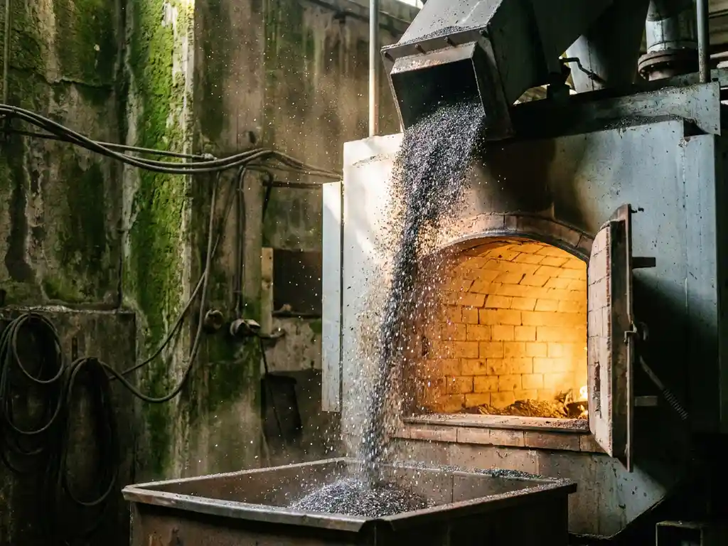 Iron powder cascading into an industrial boiler chamber, with moss-covered factory walls and warm amber combustion glow illuminating metallic dust mid-air.