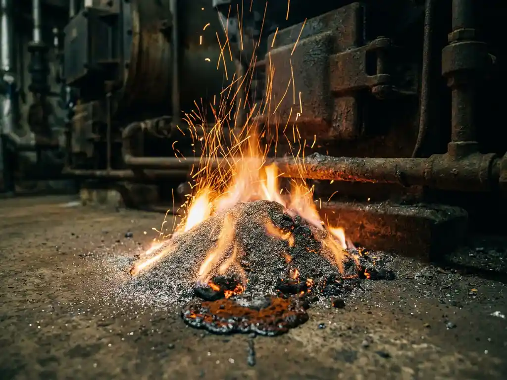 Glowing iron powder mid-combustion with bright orange sparks cascading in a dark boiler room, iron oxide residue pooling at the base.