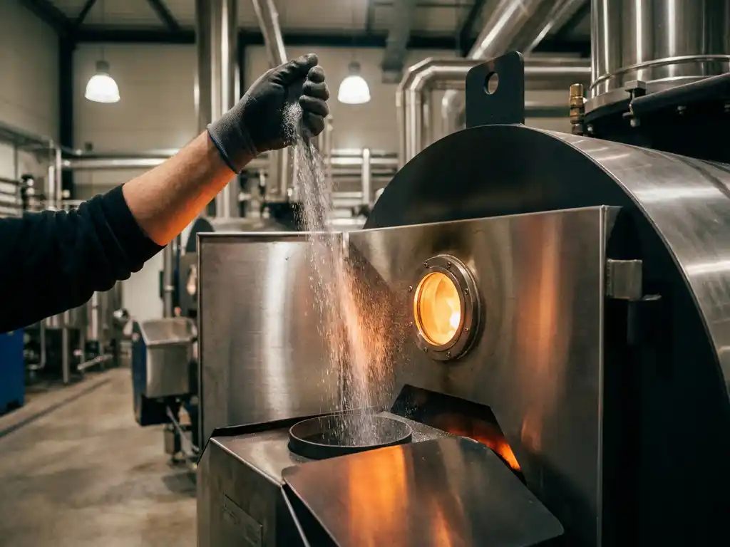 Fine silver iron powder cascading from a palm into an industrial boiler with amber combustion glowing through a viewport in a modern facility.