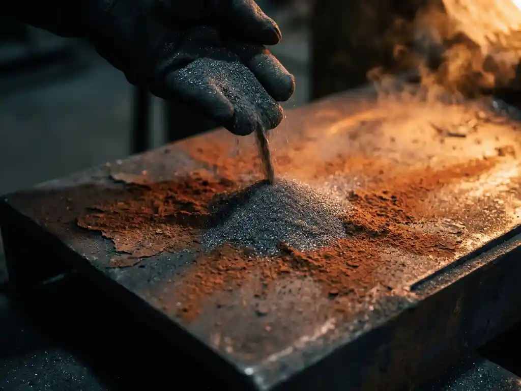 Fine iron powder pouring onto rust-red iron oxide, with warm amber combustion glow and dramatic side-lighting on a steel surface.