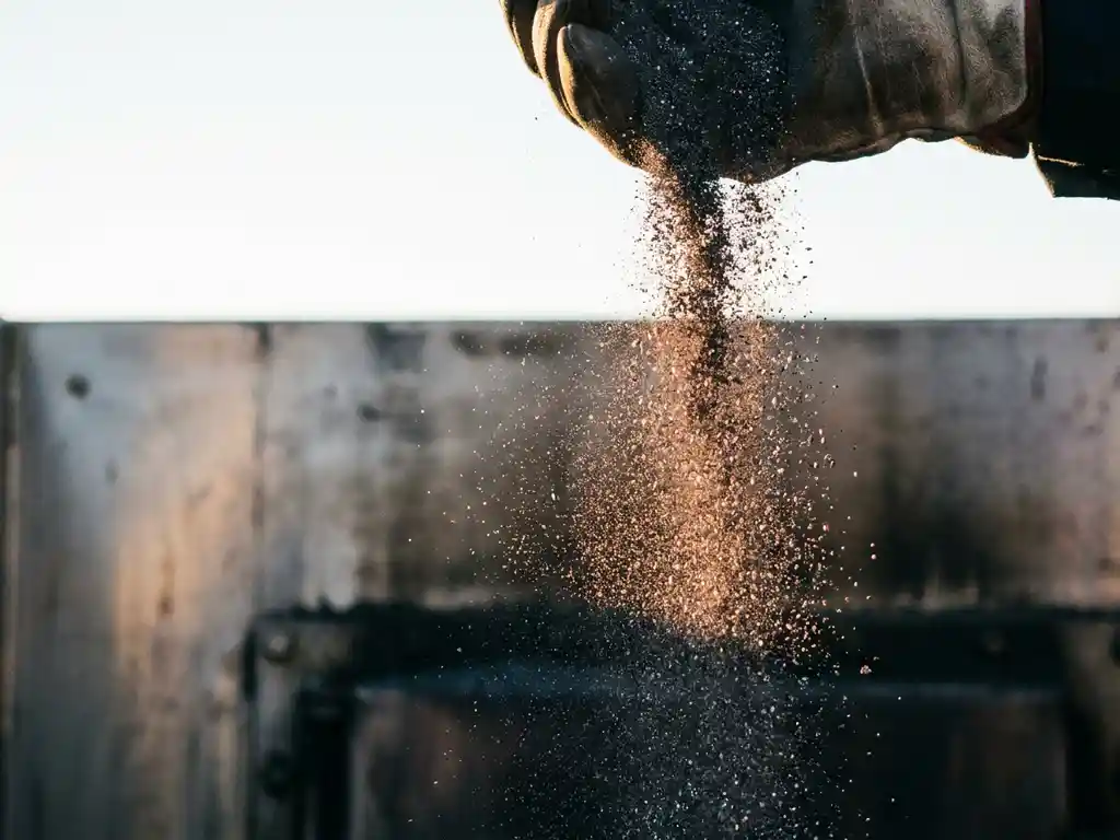 Fine iron powder mid-pour catching golden-hour light, particles shimmering copper and silver with an industrial boiler softly blurred in the background.