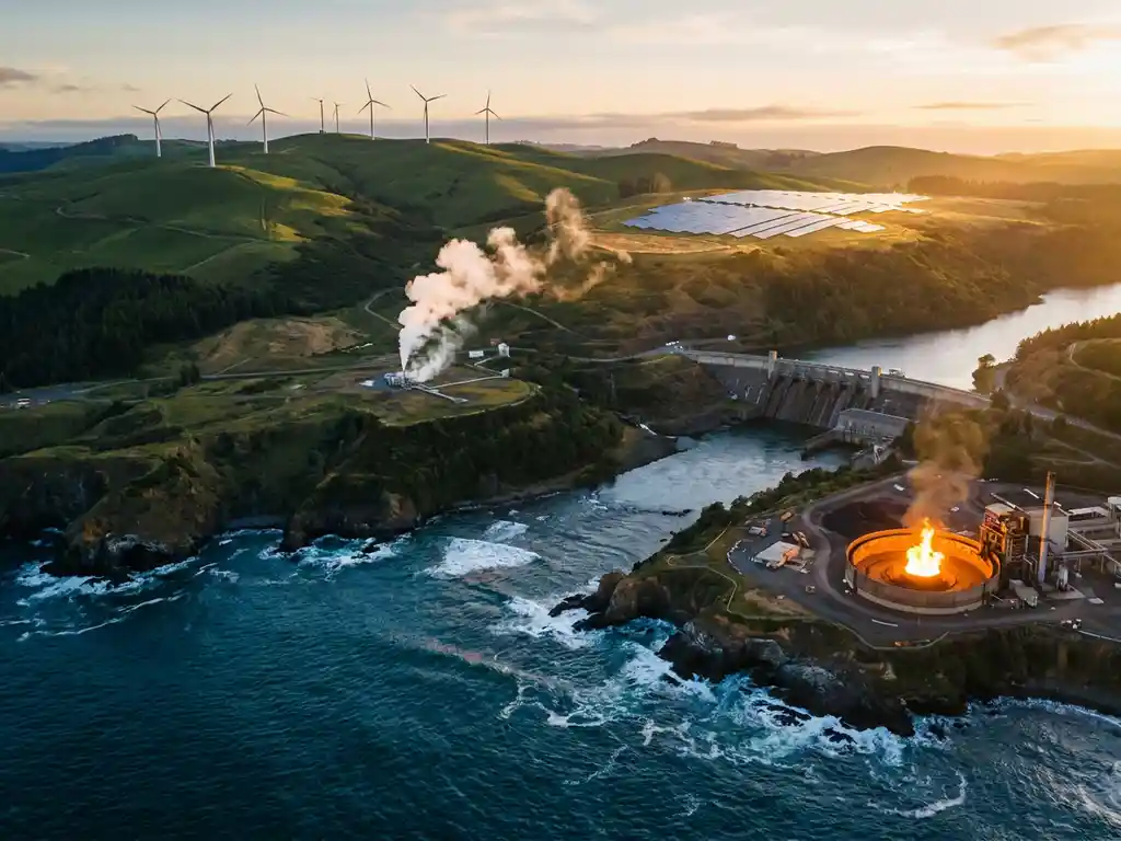 Aerial panorama of six renewable energy sources: wind turbines, solar panels, geothermal vents, hydroelectric dam, ocean waves, and iron powder flame at golden hour.
