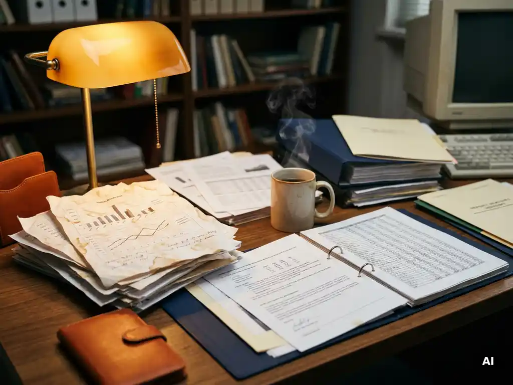 Weathered analyst's desk with scattered EIA energy reports, commodity charts, and highlighted pages beside a steaming coffee mug under warm amber lamplight.