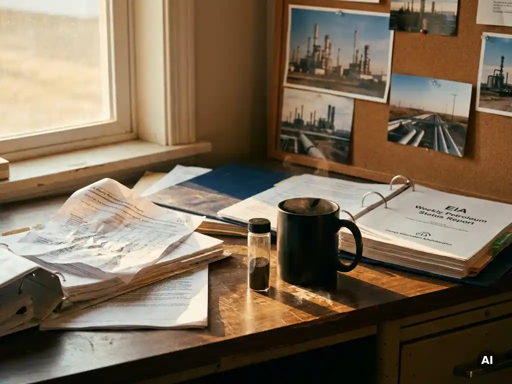 Weathered analyst's desk with scattered petroleum energy reports, steaming coffee mug, iron powder sample vial, and industrial photos in warm morning light.