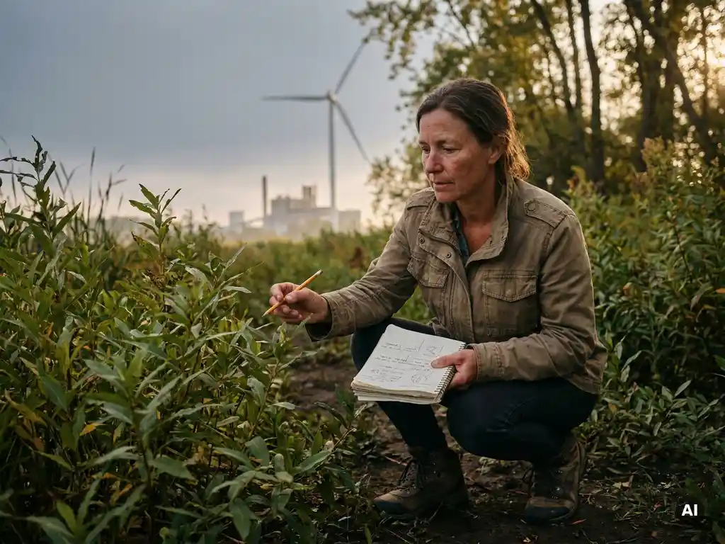 Environmental consultant crouching in wetland vegetation, documenting native plant species in a field notebook with a wind turbine and industrial facility in the background.