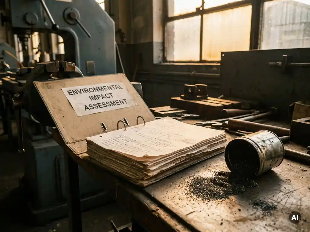 Environmental impact assessment binder open on an industrial desk beside fine iron powder spilling from a steel container, warm amber factory light.