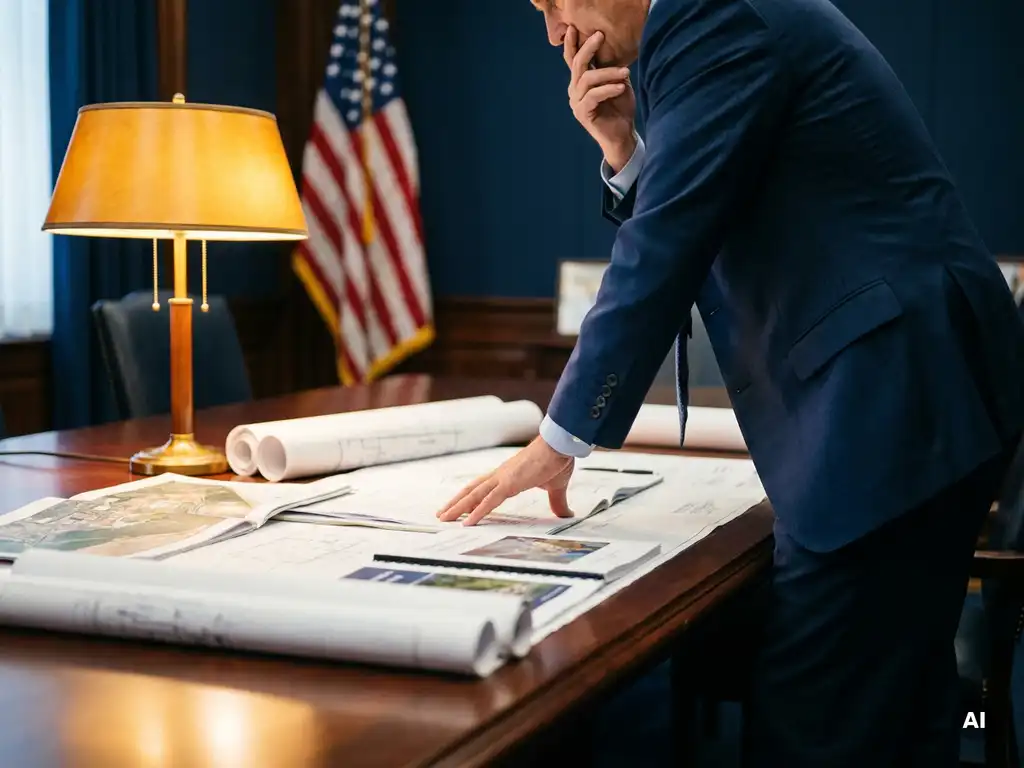 Government official reviewing energy infrastructure documents at a conference table, American flag visible in background, warm amber lighting.