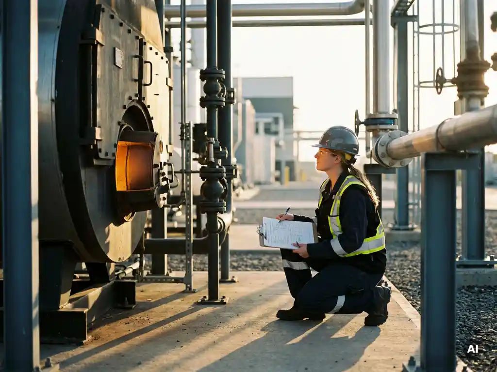 Environmental consultant kneeling beside a glowing industrial iron fuel boiler, reviewing clipboard assessment documents at a clean-energy facility.