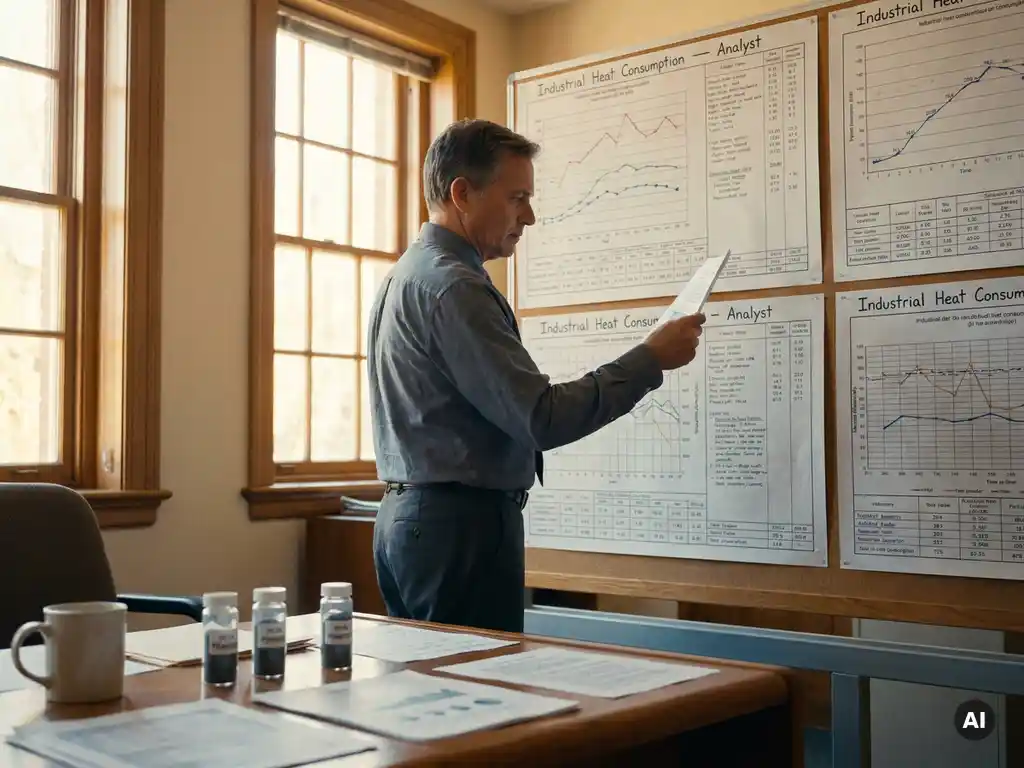 Government energy analyst reviewing industrial heat consumption charts on office wall, with iron powder samples in glass vials on desk nearby.