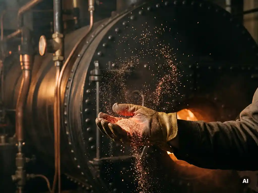 Gloved hand holding glowing iron powder above an industrial boiler room, metallic orange sparks swirling upward in warm combustion light.