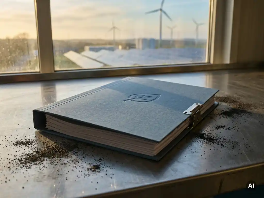 Open environmental compliance folder on steel desk with scattered iron powder granules, clean energy facility visible through background window.