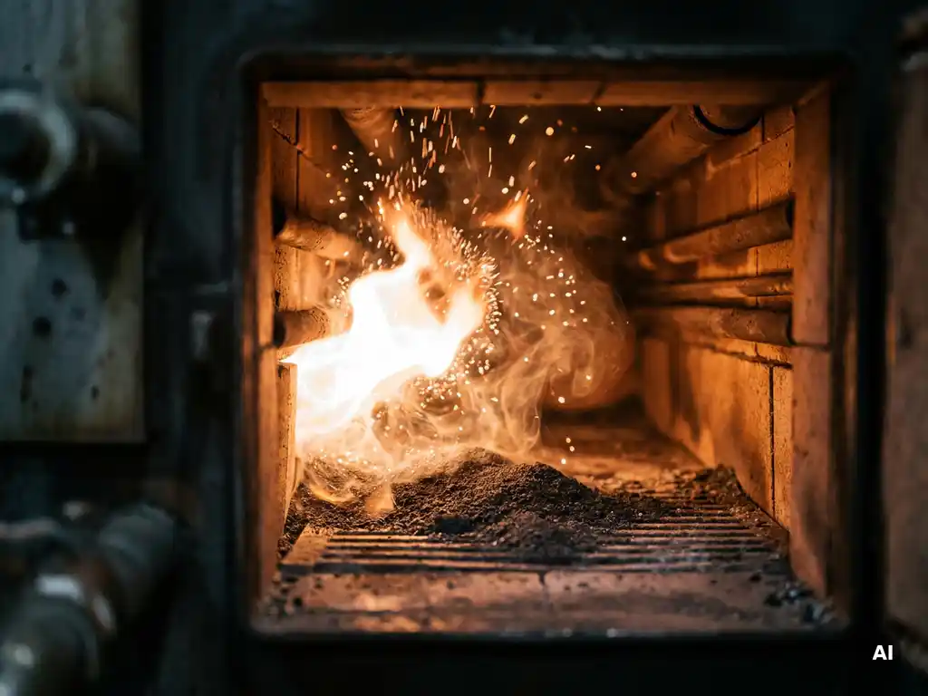 Iron powder burning in an industrial boiler, producing brilliant orange-white flames and clean iron oxide ash with no smoke.