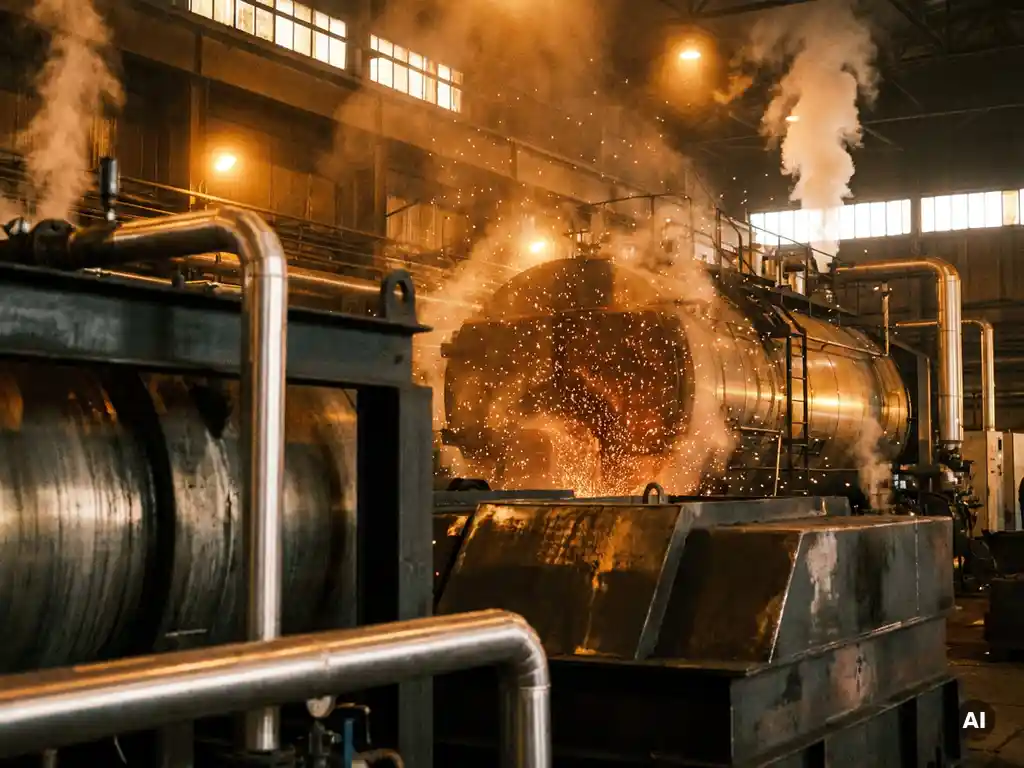 Industrial boiler facility with iron powder combustion glowing amber against gunmetal steel infrastructure, steam rising, low-angle view.