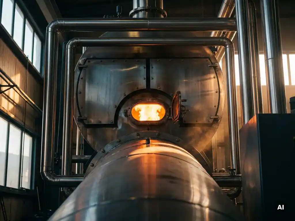 Industrial boiler burning iron powder fuel with a clean amber flame, golden light reflecting off polished steel pipes on a factory floor.